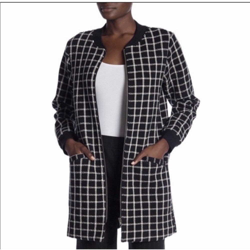 Sanctuary Long Line Sweater Jacket Black White Plaid Windowpane Zip Cotton Small